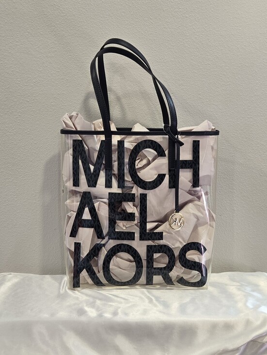 Michael Kors Handbags - Michael Kors NWT Transparent Tote with Navy Blue Logo and Gold MK Charm